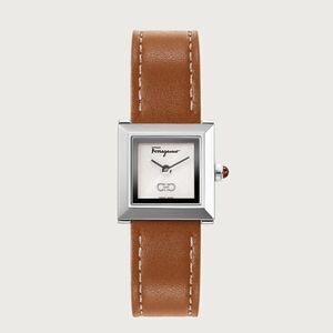 Ferragamo Square Brown Leather Strap Watch 19mm